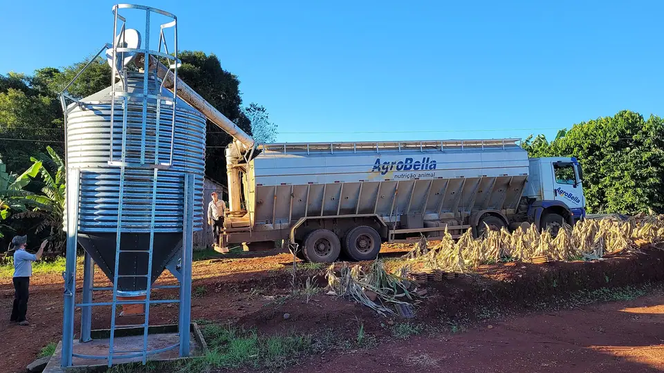Recebimento de ração em silo vertical de propriedade rural